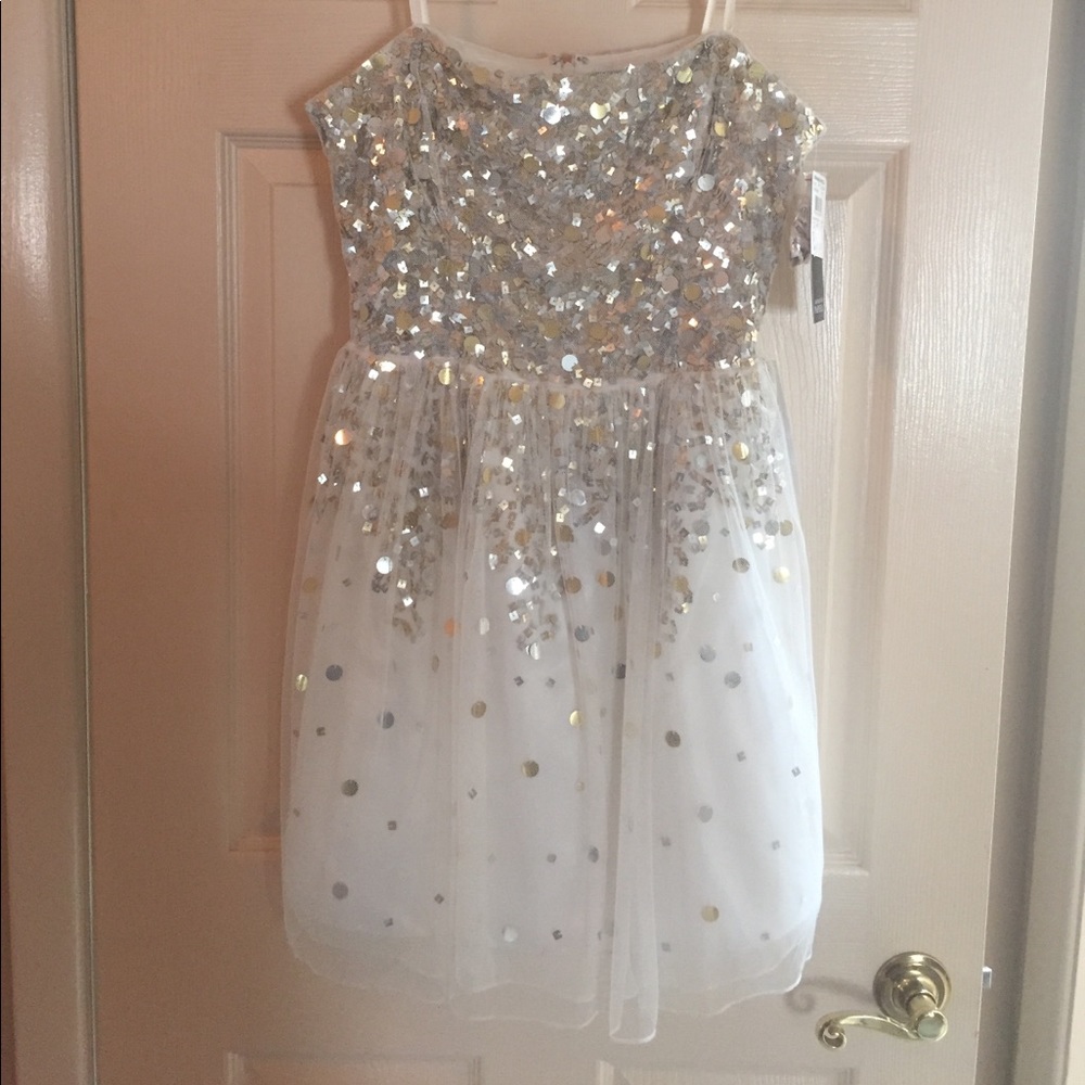 Adrianna Papell Strapless Sequined Ivory Evening Dress Size 14